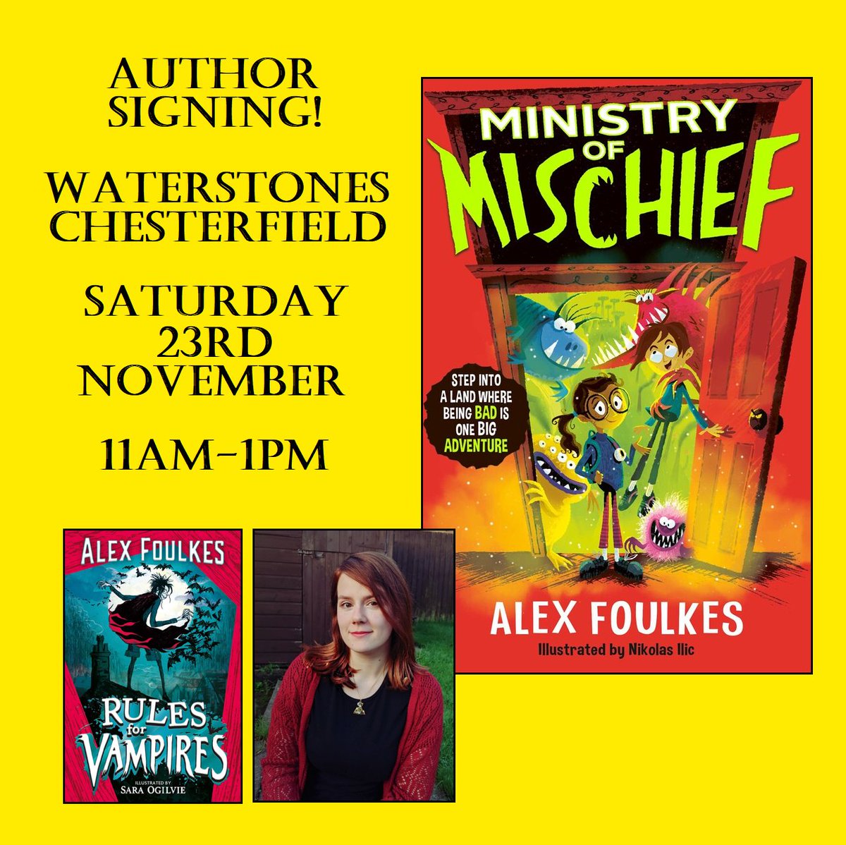 Alex Foulkes 🌙 (@foulkeswrites) on Twitter photo And one more for BAD luck! 🥰 Visiting <a href="/WSChesterfield/">Waterstones Chesterfield</a> for signing and shenanigans! I'll be there Saturday 23rd November from 11am-1pm for anyone who would like a signed copy of our upcoming adventure: MINISTRY OF MISCHIEF! Ideal for Y3-Y6.❤️ See you soooon! And one more for BAD luck! 🥰 Visiting <a href="/WSChesterfield/">Waterstones Chesterfield</a> for signing and shenanigans! I'll be there Saturday 23rd November from 11am-1pm for anyone who would like a signed copy of our upcoming adventure: MINISTRY OF MISCHIEF! Ideal for Y3-Y6.❤️ See you soooon!