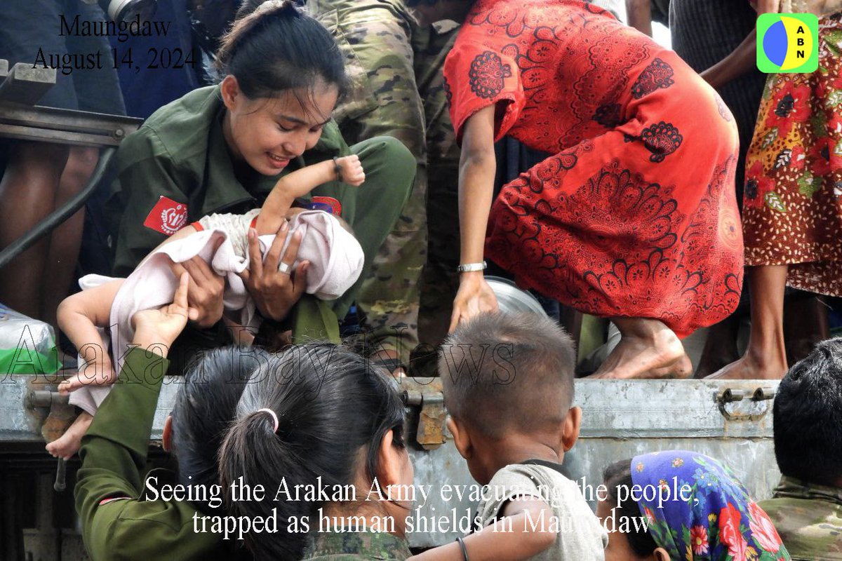 ArakanBaynews's tweet photo. **Over 70,000 Civilians Held as Human Shields in Maungdaw Rescued by AA**

**AB News - August 14, 2024**

It has been reported that the Arakan Army (AA) successfully rescued over 70,000 civilians trapped as human shields by junta forces and allied armed militants in various neighborhoods of Maungdaw, a border town in Rakhine State.

The rescue operation has been ongoing since August 7, and civilians from different ethnic backgrounds, including Rakhine, Muslim, and Hindu, have been freed.

"We never thought we would survive. We couldn't even leave our homes. We were afraid of the junta forces and the armed militants. At that time, we were like water in their hands. It was only yesterday that the AA soldiers rescued us, and we are so grateful to be alive," said Ko Maung Maung Naing from Aung Myae Bodhi Ward, speaking to AB News.

The AA reportedly transported the rescued Rakhine, Muslim, and Hindu civilians by boat and trucks to safer areas.

Since fighting erupted in Rakhine on November 13, 2023, the junta forces blocked land and water routes and kept the townspeople of Maungdaw trapped as human shields, according to the locals.

The junta had armed Muslim militants, who led the violent killings of civilians and looted properties, said U Raju, a Hindu man who had been trapped in Ward 4.

"Armed teenage Muslim militants were the scariest. They would arrest and beat older men, kick them, and kill them. Some were taken away and haven’t been released yet. When we reported to the junta, they told us it wasn’t their concern and directed us to the Muslim militants. We were left without help or protection," he explained.

In Maungdaw, the junta restricted Rakhine and Hindu people’s movement and access to food supplies, said U Abukar from Ward 5.

"The junta freely allowed the allied Muslim militants to move around and buy goods. When the Muslims bought rice, it cost 6,000 kyats per basket, but for Rakhine and Hindus, it was as high as 15,000 kyats per basket," he stated.

At present, the AA has taken control of nearly the entire town of Maungdaw, and the AA is actively fighting against the remaining junta forces stationed at the military base in Myo Thugyi, known as NaKaKa 5.

#AA #Rohingya #Maungdaw #Rakhine #Arakan #Myanmar @cnni @FoxNews @NHKWORLD_News
@CTVNews @globalnews @NikkeiAsia
@guardiannews @Reuters @ABC @NOS 
@IndiaToday @timesofindia @euronews
@BBCWorld @dwnews @dailystarnews @DhakaTribune @UNHumanRights @UN