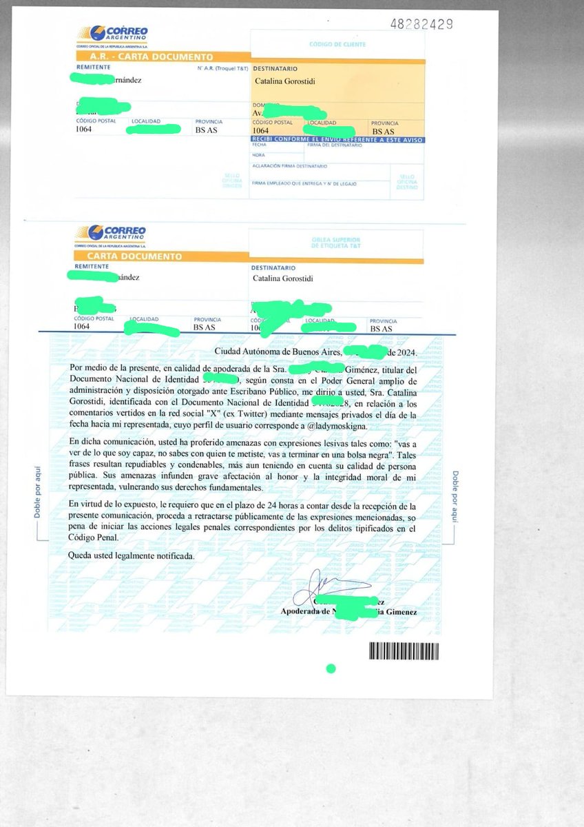ladymoskigna's tweet photo. 🚨Acabo de denunciar penal y civilmente a Catalina Gorostidi tras amenazarme por DM hace unos meses diciendo que voy a terminar en una boIsa
La carta documento fue mandada hace semanas, y recién hoy se la pudo notificar
Hay orden de allanamiento para Cata
#GranHermano #GranFuria https://t.co/ibNm2Xp6os