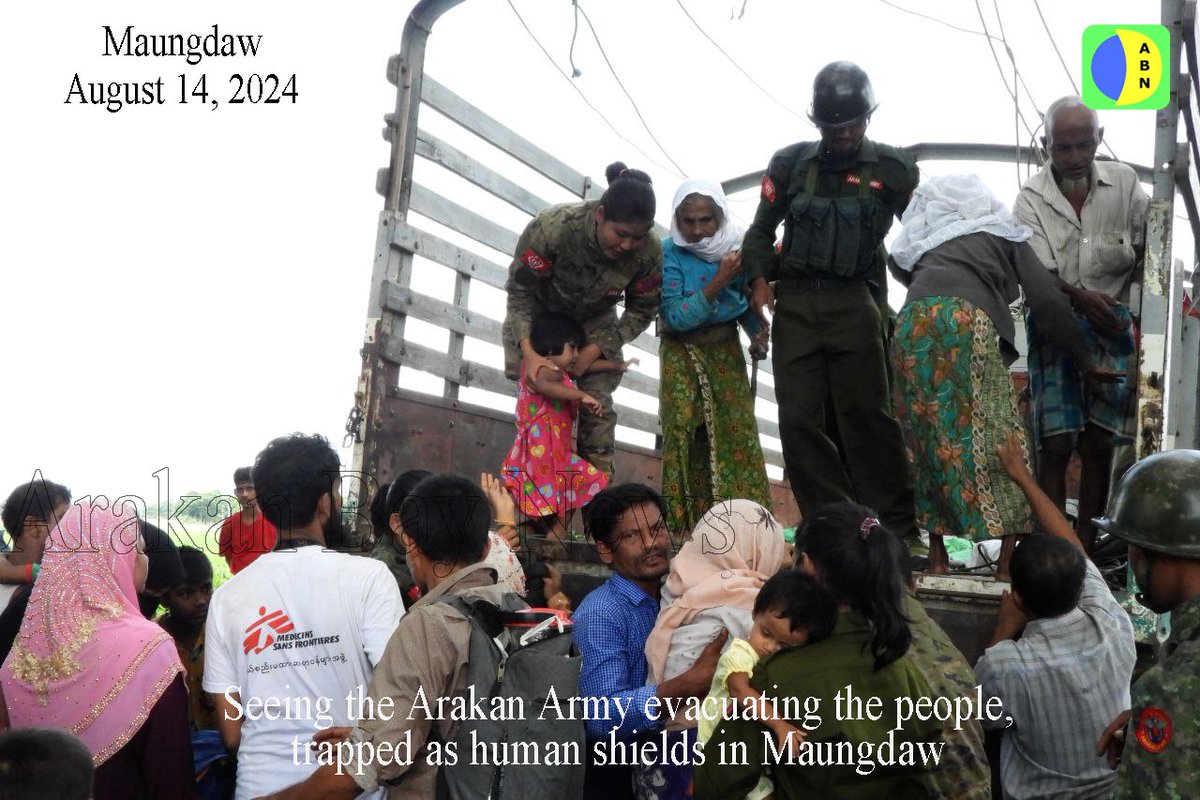 ArakanBaynews's tweet photo. **Over 70,000 Civilians Held as Human Shields in Maungdaw Rescued by AA**

**AB News - August 14, 2024**

It has been reported that the Arakan Army (AA) successfully rescued over 70,000 civilians trapped as human shields by junta forces and allied armed militants in various neighborhoods of Maungdaw, a border town in Rakhine State.

The rescue operation has been ongoing since August 7, and civilians from different ethnic backgrounds, including Rakhine, Muslim, and Hindu, have been freed.

"We never thought we would survive. We couldn't even leave our homes. We were afraid of the junta forces and the armed militants. At that time, we were like water in their hands. It was only yesterday that the AA soldiers rescued us, and we are so grateful to be alive," said Ko Maung Maung Naing from Aung Myae Bodhi Ward, speaking to AB News.

The AA reportedly transported the rescued Rakhine, Muslim, and Hindu civilians by boat and trucks to safer areas.

Since fighting erupted in Rakhine on November 13, 2023, the junta forces blocked land and water routes and kept the townspeople of Maungdaw trapped as human shields, according to the locals.

The junta had armed Muslim militants, who led the violent killings of civilians and looted properties, said U Raju, a Hindu man who had been trapped in Ward 4.

"Armed teenage Muslim militants were the scariest. They would arrest and beat older men, kick them, and kill them. Some were taken away and haven’t been released yet. When we reported to the junta, they told us it wasn’t their concern and directed us to the Muslim militants. We were left without help or protection," he explained.

In Maungdaw, the junta restricted Rakhine and Hindu people’s movement and access to food supplies, said U Abukar from Ward 5.

"The junta freely allowed the allied Muslim militants to move around and buy goods. When the Muslims bought rice, it cost 6,000 kyats per basket, but for Rakhine and Hindus, it was as high as 15,000 kyats per basket," he stated.

At present, the AA has taken control of nearly the entire town of Maungdaw, and the AA is actively fighting against the remaining junta forces stationed at the military base in Myo Thugyi, known as NaKaKa 5.

#AA #Rohingya #Maungdaw #Rakhine #Arakan #Myanmar @cnni @FoxNews @NHKWORLD_News
@CTVNews @globalnews @NikkeiAsia
@guardiannews @Reuters @ABC @NOS 
@IndiaToday @timesofindia @euronews
@BBCWorld @dwnews @dailystarnews @DhakaTribune @UNHumanRights @UN