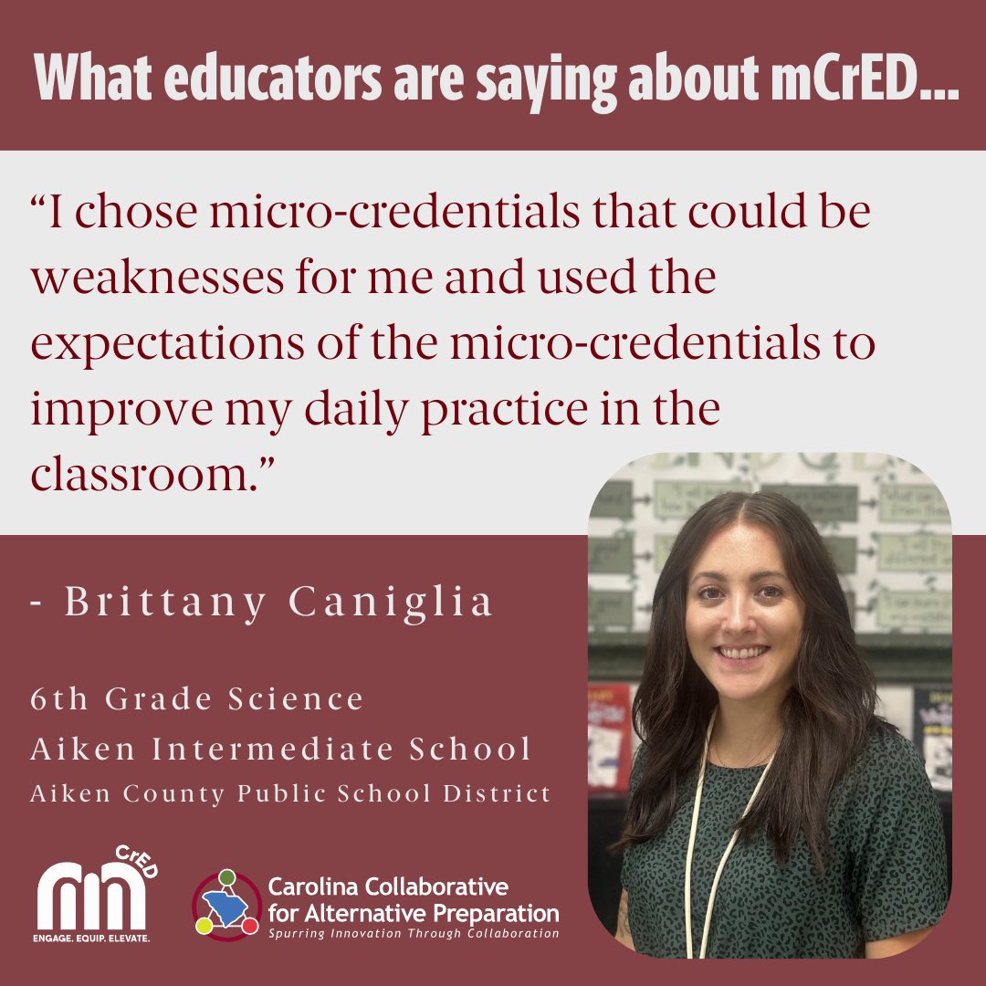 CarolinaCAP_SC's tweet photo. Here is what educators are saying about micro-credentials! 📚
Brittany Caniglia from Aiken Intermediate shares how tackling personal challenges through micro-credentials has transformed her teaching practice.
#mCrED #CarolinaCAP #SpurringInnovation #microcredentials #CarolinamCrED