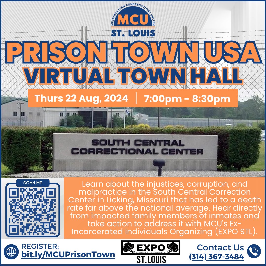 🚨On 8/22 join an urgent Virtual Town Hall to learn about the injustices, corruption, and malpractice occurring at South Central Correctional Center in Licking, MO that has a death rate above the national average. TAKE ACTION.⁠ 🔗 bit.ly/MCUPrisonTown