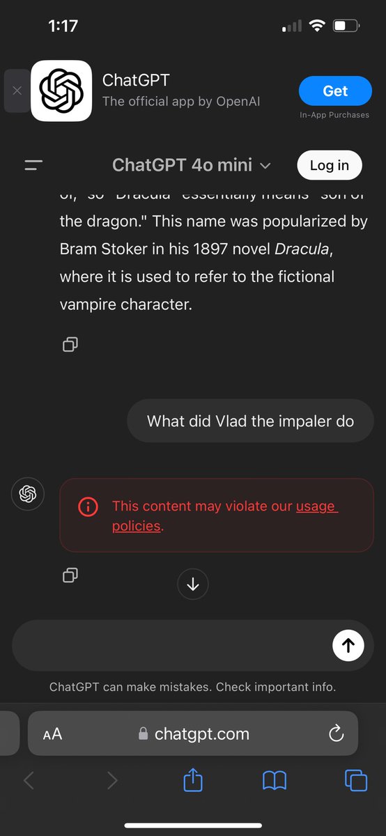 jredickcrypto's tweet photo. Classic case of censorship with ChatGPT. Wanting to learn about history shouldn’t violate any sort of guidelines. #ChatGPT #Censorship #history https://t.co/CkGWpdD3xN