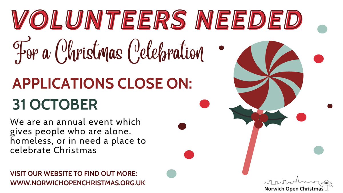 Join us over the festive period to give people who are alone, homeless or in need a Christmas celebration 🎄

Visit our website to find out more about how to apply and what volunteer tasks are available: norwichopenchristmas.org.uk

Applications close on 31 October.