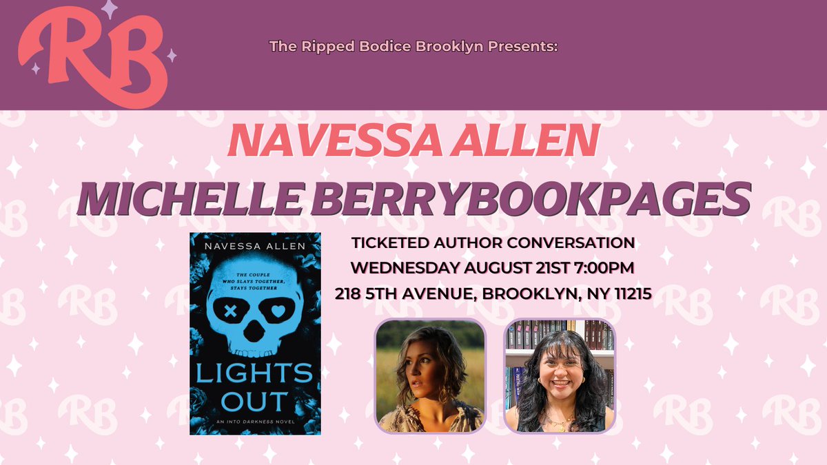 The Ripped Bodice (@therippedbodice) on Twitter photo We're hosting a Brooklyn #AuthorEvent with <a href="/NavessaAllen/">Navessa Allen</a> on Wednesday, August 21st at 7pm. She will discuss her dark romance Lights Out with book influencer Michelle @BerryBookPages. 🖤
🎟️Tickets: therippedbodicela.com/brooklyn-events
Order signed books by 8/14.
#TheRippedBodiceBK We're hosting a Brooklyn #AuthorEvent with <a href="/NavessaAllen/">Navessa Allen</a> on Wednesday, August 21st at 7pm. She will discuss her dark romance Lights Out with book influencer Michelle @BerryBookPages. 🖤
🎟️Tickets: therippedbodicela.com/brooklyn-events
Order signed books by 8/14.
#TheRippedBodiceBK