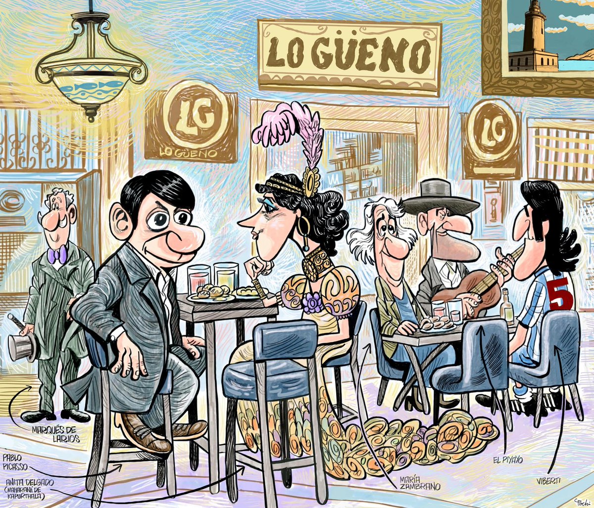 He dibujado dos paneles de casi 2 metros cada uno para la fachada de <a href="/LoGuenoMalaga/">Lo Güeno</a> 
Disfruté mucho haciéndolo. Espero que os guste.
En uno de ellos podéis coger la copa y brindar con Chiquito.