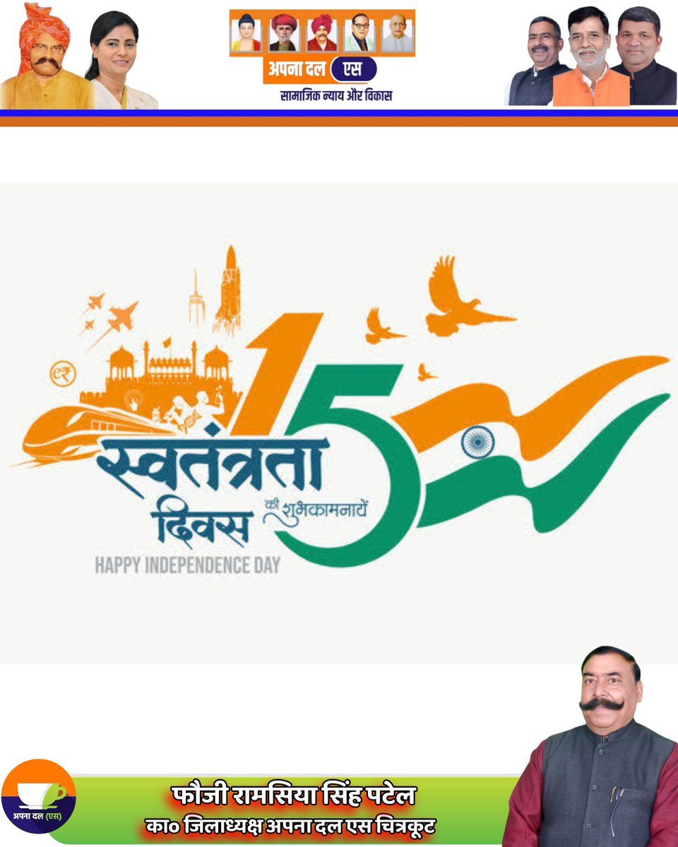 adsramsiyapatel's tweet photo. स्वतंत्रता हमारा जन्मसिद्ध अधिकार है l
सभी सम्मानित राष्ट्र��ादियों को तहे दिल से आजादी की सालगिरह मुबारक हो l
@AnupriyaSPatel @ErAshishSPatel @Mlarajkumar @ChitrakootDm @Mlarajkumar @KKPatelAD https://t.co/7Oc3ZK20ks