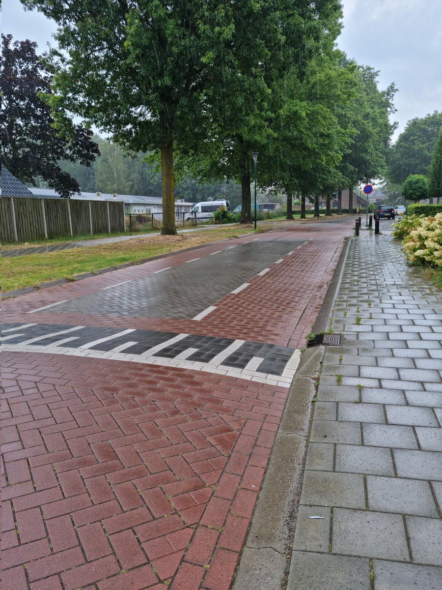 A residential 2way cycle street with separate footway, traffic calming, and advisory cycle lanes. It's definitely a strong street-diet effect. Cars going slow and passing wide. Also check out the passive safety forgiving kerb in case things get tight.