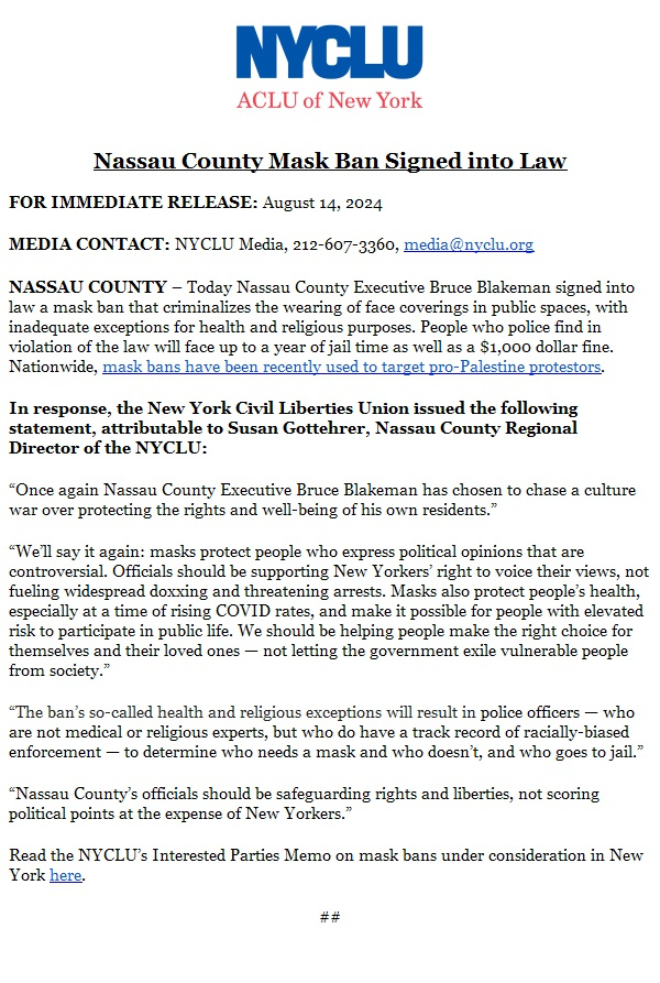 IT'S OFFICIAL: The mask ban in Nassau County, NY is now law &amp; takes effect immediately.

It gives police power to jail people wearing a mask &amp; fine them $1,000.

The bill includes health &amp; religious exceptions, but the broad language means anyone wearing a mask could be arrested.