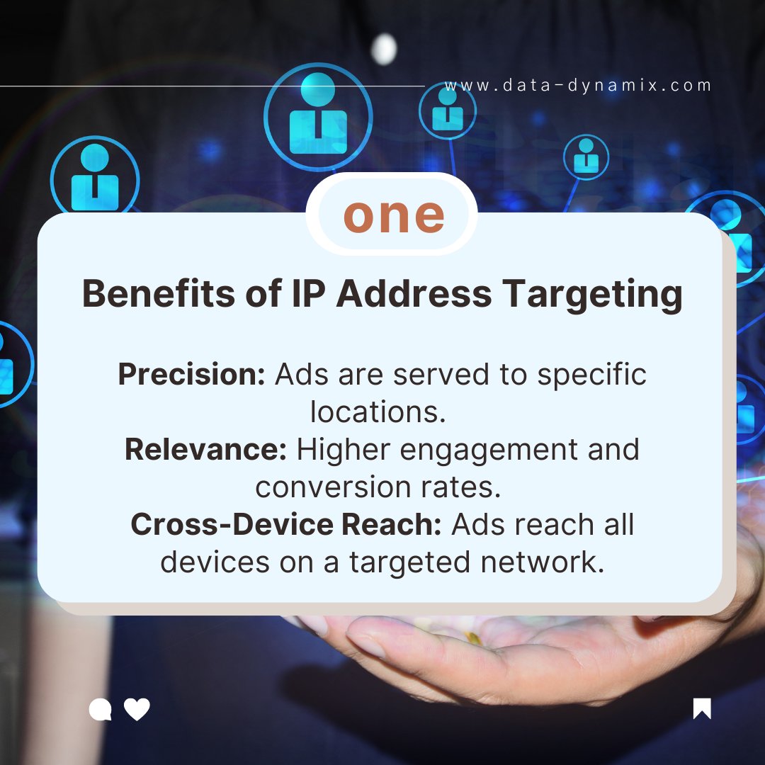 DataDynamix1's tweet image. Discover the benefits and best practices of IP Address Targeting! This strategy offers precision by serving ads to specific locations, ensuring relevance with higher engagement and conversion rates, and reaching all devices on a targeted network.

#digitalmarketing #iptargeting