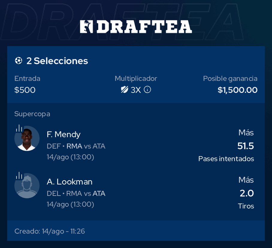 BernardoPicks's tweet photo. Tenemos final de SÚPER COPA con promo de MBAPPÉ en @Draftea_Mexico 🔥🏆

Usa el código: UNTURBO y te duplican tu primer depósito hasta $2000 💸

Si se gana al menos uno de los tickets que se juegan hoy voy a regalar $200 a alguno que le de like 🫶, RT y me siga en X https://t.co/FIiGPDWOG1