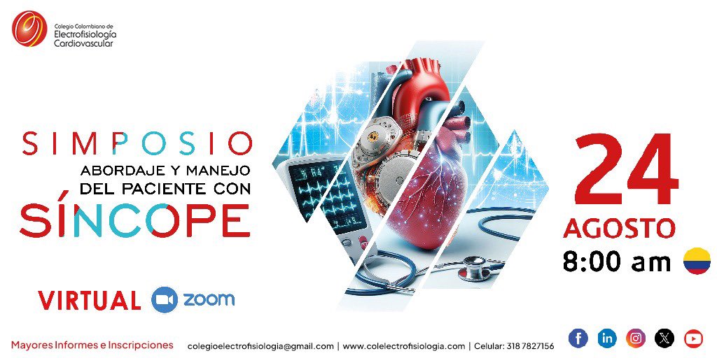 colegioelectro1's tweet photo. ABORDAJE Y MANEJO DEL PACIENTE CON SÍNCOPE🫀
Acompáñanos el próximo sábado 24 de Agosto en esta interesante jornada académica!
Evento certificado y sin costo. Regístrate en 👉🏼 https://t.co/1SHbtF5QCb
#electrofisiología #electrofisiologíacardíaca #cardiología #sincope https://t.co/Y9dFbjI5Ll
