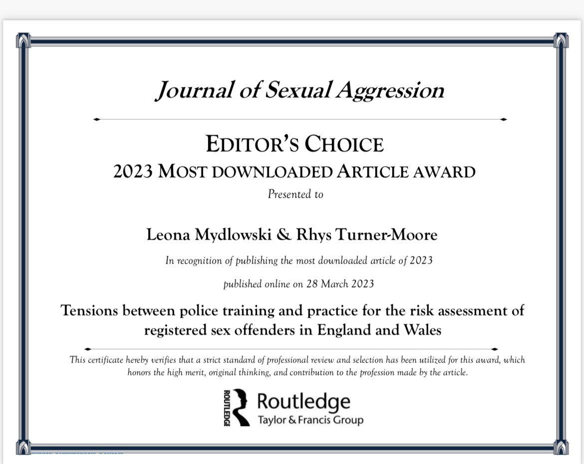 Dr Leona Mydlowski (new) (@newleona) on Twitter photo It’s always nice to be recognised, this was my first ever article and first award…..hard work pays off <a href="/JSATandF/">Journal of Sexual Aggression</a> more to come end of this year 👌👌#academia #impact #police #sexoffenders #RiskManagement It’s always nice to be recognised, this was my first ever article and first award…..hard work pays off <a href="/JSATandF/">Journal of Sexual Aggression</a> more to come end of this year 👌👌#academia #impact #police #sexoffenders #RiskManagement