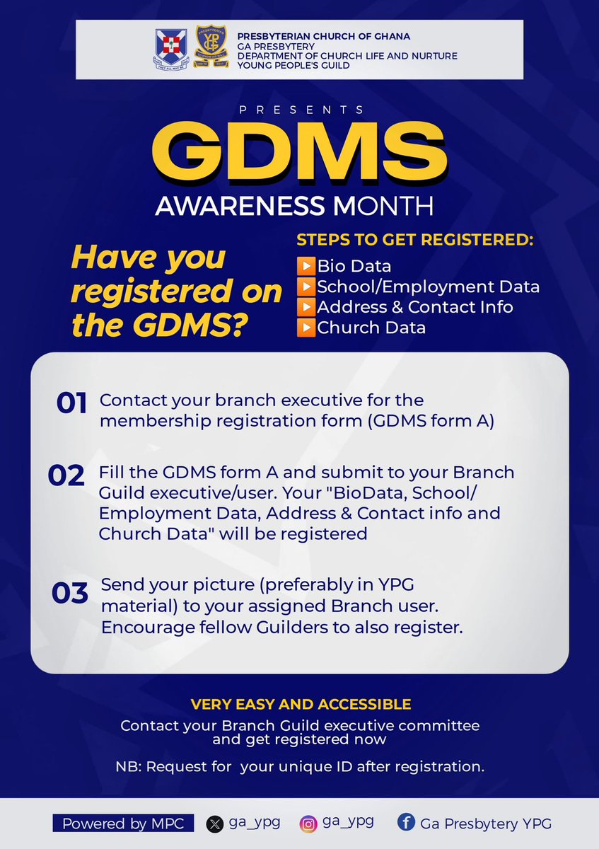 gmf_ypg's tweet photo. G.D.M.S AWARENESS MONTH!!🎗️
Contact your Branch Executive to Register your membership NOW so you can enjoy all the benefits it comes with.😉
#GDMS
#TheDigitalGuild #WeAreGaPresbyteryYPG
#WeAreGMFYPG https://t.co/SFB3SgQbYu
