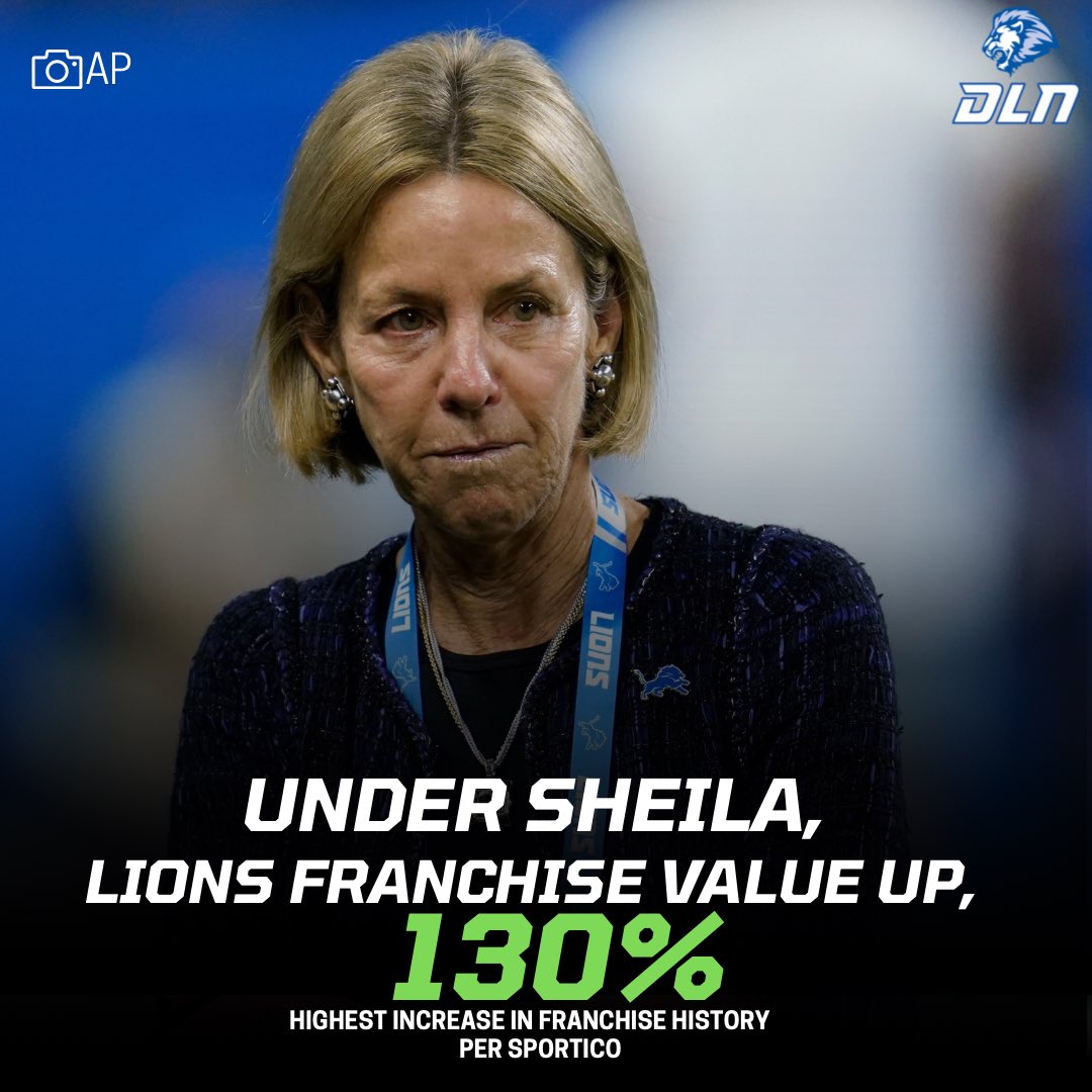 JCSportsDetroit's tweet photo. Sheila has changed the Lions on the field, she’s also changed the Lions Franchise Value. The Lions and Buccaneers are the only teams to not have new stadiums or stadium pending above 130% 

This is one of the largest growth periods in Lions History.  #OnePride https://t.co/dc93F5hote