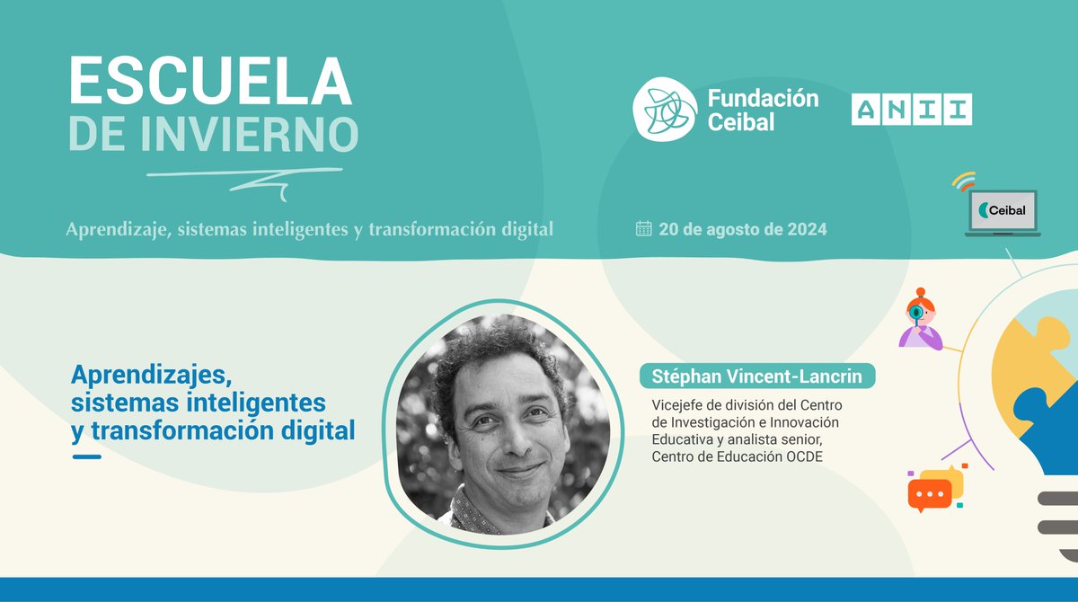 #EscueladeInvierno2024➡️Participación especial de <a href="/VincentLancrin/">Stéphan Vincent-Lancrin</a>, vicejefe división del Centro de Investigación e Innovación Educativa y analista senior #OCDE
👉Abordará la temática de Aprendizajes, sistemas inteligentes y transformación digital💻
➕INFO fundacionceibal.info/EscueladeInvie…