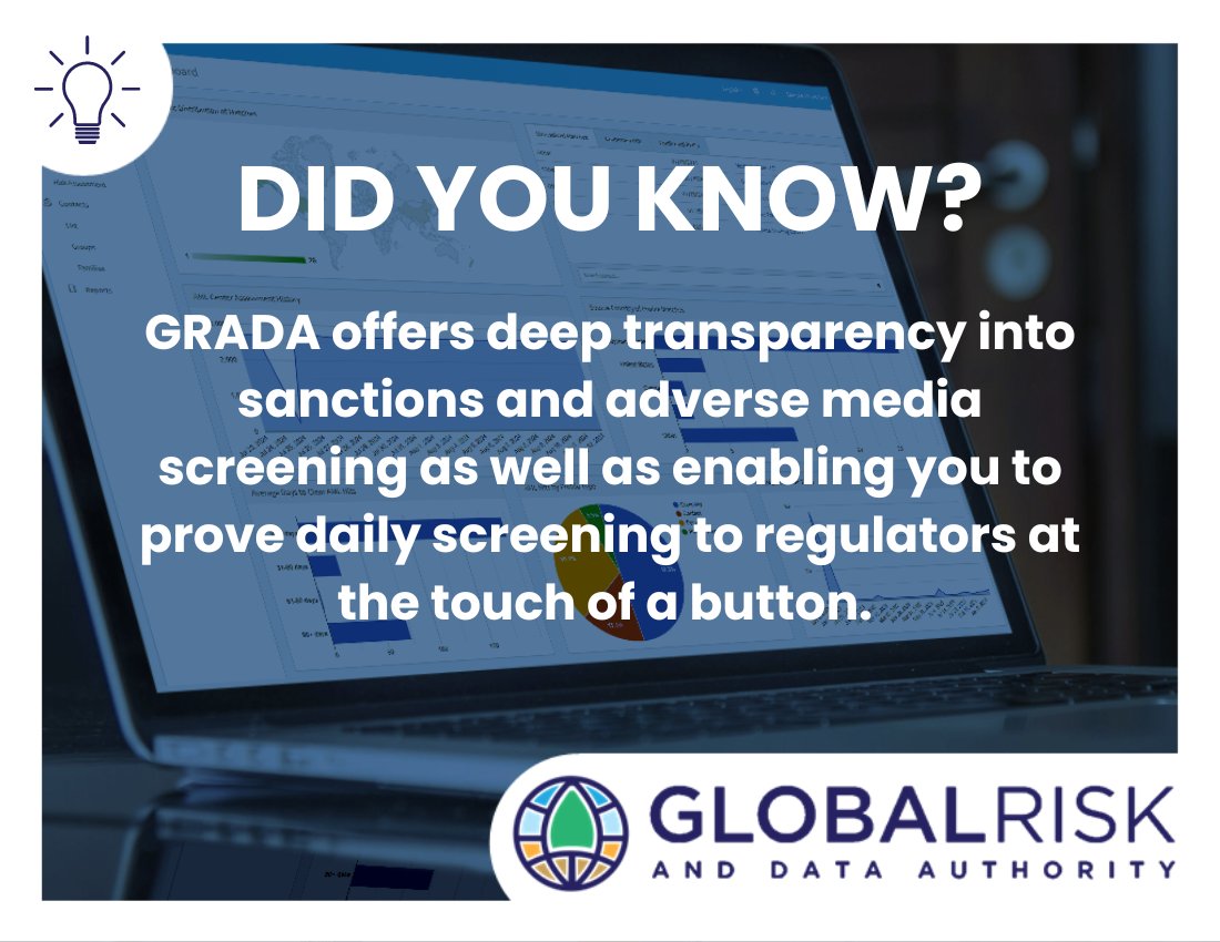Did you know GRADA offers deep transparency into sanctions and adverse media screening, as well as enabling you to prove daily screening to regulators. 

Gain confidence in your compliance with GRADA.
#compliance #kyc #aml