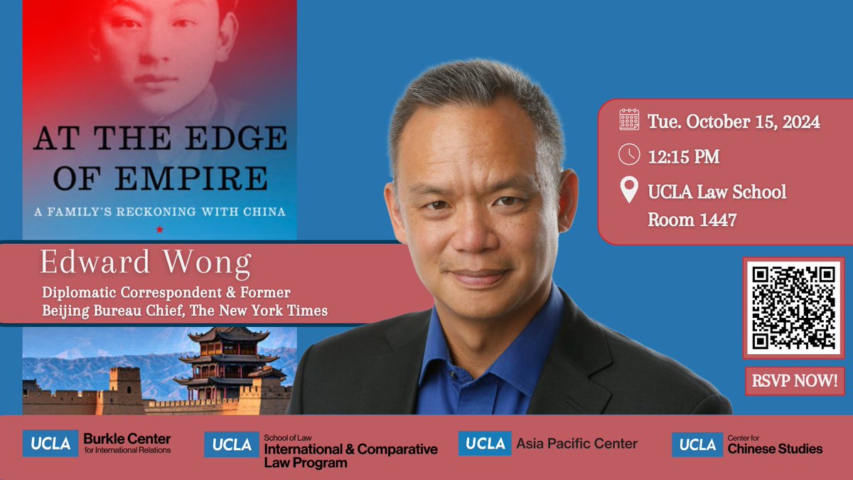 UCLA Burkle Center (@burklecenter) on Twitter photo Join us for a fascinating in-person book talk with <a href="/ewong/">Edward Wong</a> , diplomatic correspondent for <a href="/nytimes/">The New York Times</a> . October 15, 2024 at 12:15 PM. <a href="/UCLA_Law/">UCLA School of Law</a> <a href="/UCLAINTL/">UCLA International Institute</a>. Register today! international.ucla.edu/burkle/event/1… Join us for a fascinating in-person book talk with <a href="/ewong/">Edward Wong</a> , diplomatic correspondent for <a href="/nytimes/">The New York Times</a> . October 15, 2024 at 12:15 PM. <a href="/UCLA_Law/">UCLA School of Law</a> <a href="/UCLAINTL/">UCLA International Institute</a>. Register today! international.ucla.edu/burkle/event/1…