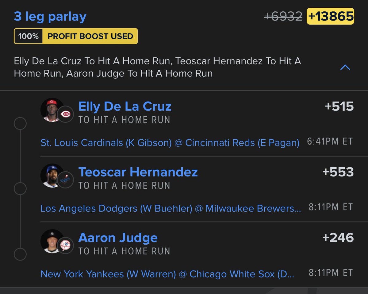 UndeterredOG's tweet image. Had a 100% profit boost and went with this… any chance it hits? I suck at HR parlays