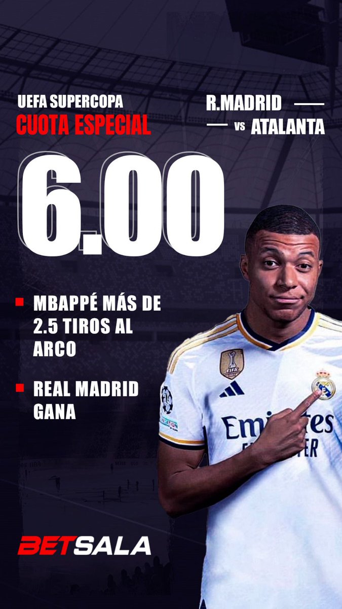 SintoniaAlba's tweet photo. ¡EL DEBUT DEL DELANTERO FRANCÉS EN EL REAL MADRID! #realmadrid #mbappe #betsala
CUOTA ESPECIAL https://t.co/rlnkM2JB9z https://t.co/BHWvY1lvbM