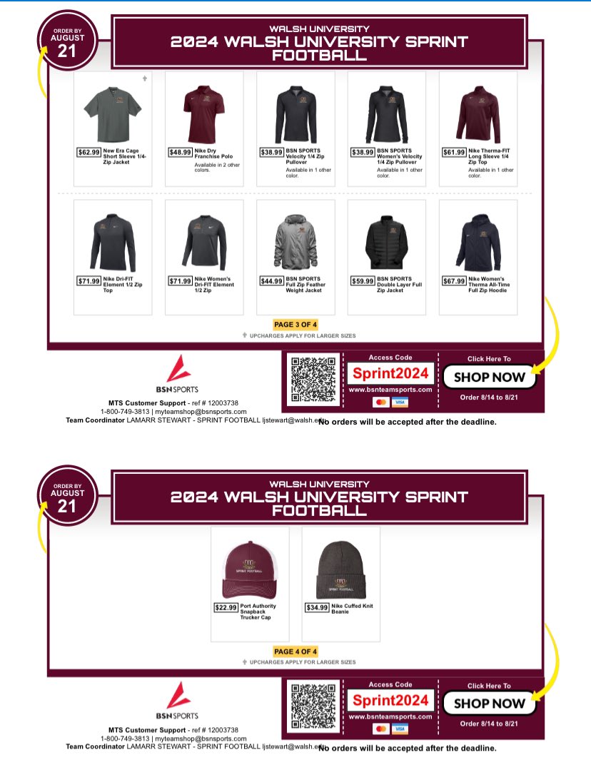 2024 Walsh University Sprint Football team shop! Help support. Must Order by 8/21/24 at midnight.

bsnteamsports.com/shop/Sprint2024 (bsnteamsports.com/shop/Sprint2024)