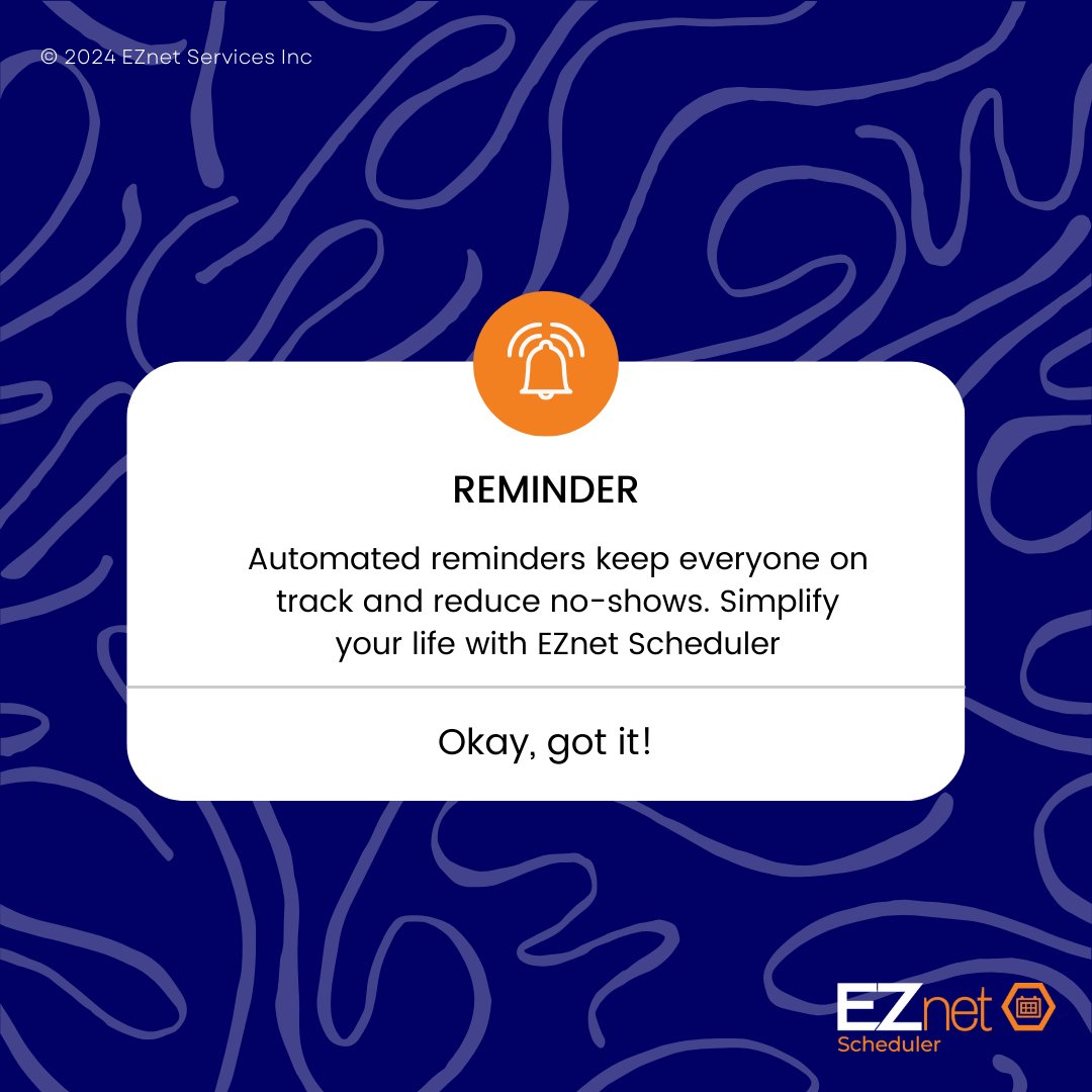 Scheduler_EZnet's tweet image. Automated reminders keep everyone on track and reduce no-shows. Simplify your life with EZnet Scheduler!

Schedule your FREE demo here: eznetscheduler.com/Calendar/EZnet…

#EZnetScheduler #AutomatedReminders #NoMoreNoShows #LifeSimplified