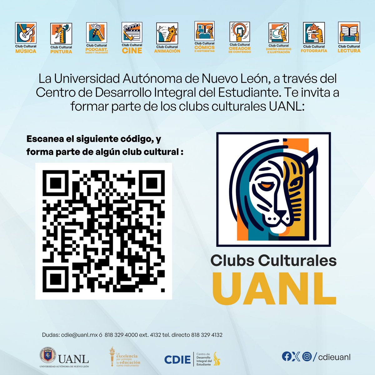 uanl's tweet photo. Ya está abierta la convocatoria para los Clubs Culturales 🎸🎨🎬📸 del @cdieuanl. Si deseas unirte como representante o miembro, regístrate ya ✍️✅. ¡Conocerás universitarios con mucho en común 🙋‍♀️🙋‍♂️!

Representantes 👉 https://t.co/ImRl0ky8je
Miembros 👉 https://t.co/i5vhPiPOtg https://t.co/qkrktTRV4T