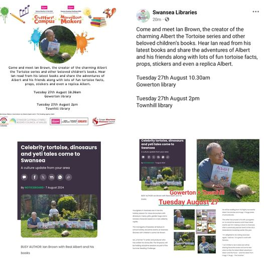 IanBrownTV's tweet photo. SWANSEA #WALES Tuesday August 27 our #ALBERTthetortoise #HuggnBugg #picturebooks #storytime comes to #Gowerton & #Townhill #libraries in #Swansea with #SwanseaLibraries @Discovermore. #Storytelling, #tortoises #yetis #dinosaurs, book stall & giveaways https://t.co/Olqfb5dRZA https://t.co/0VMANSS8Nn