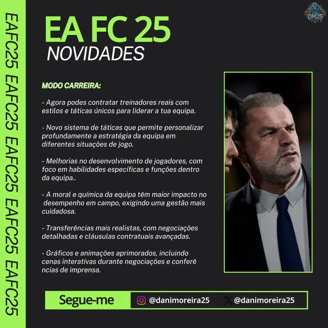⚽️ Novidades incríveis no EA FC 25 👀! 🎮

🗓 Marca já na tua agenda e junta-te à comunidade de jogadores que não vê a hora de experimentar todas as novidades.

#EAFC25 #NovidadesEAFC25 #esports #easports #futebolvirtual #easportsfifa #gaming #twitch #DaniMoreira25