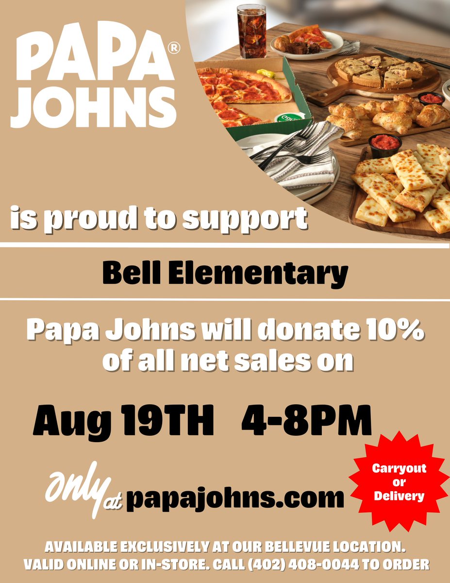 BellElementary's tweet image. Bell PNO at Papa John's on Monday, August 19th!