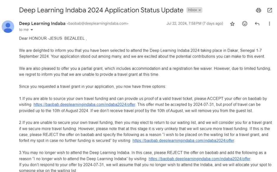 The_MediaQueen's tweet image. Guys I need help!
We need to raise 1.9 million to help @bezaleel_son attend Deep Learning Indaba, an AI conference in Senegal, where she’ll be presenting a research paper.
Out of 2,700 applicants from 54 African countries, only 400 were selected& she’s the only one from Ekiti
