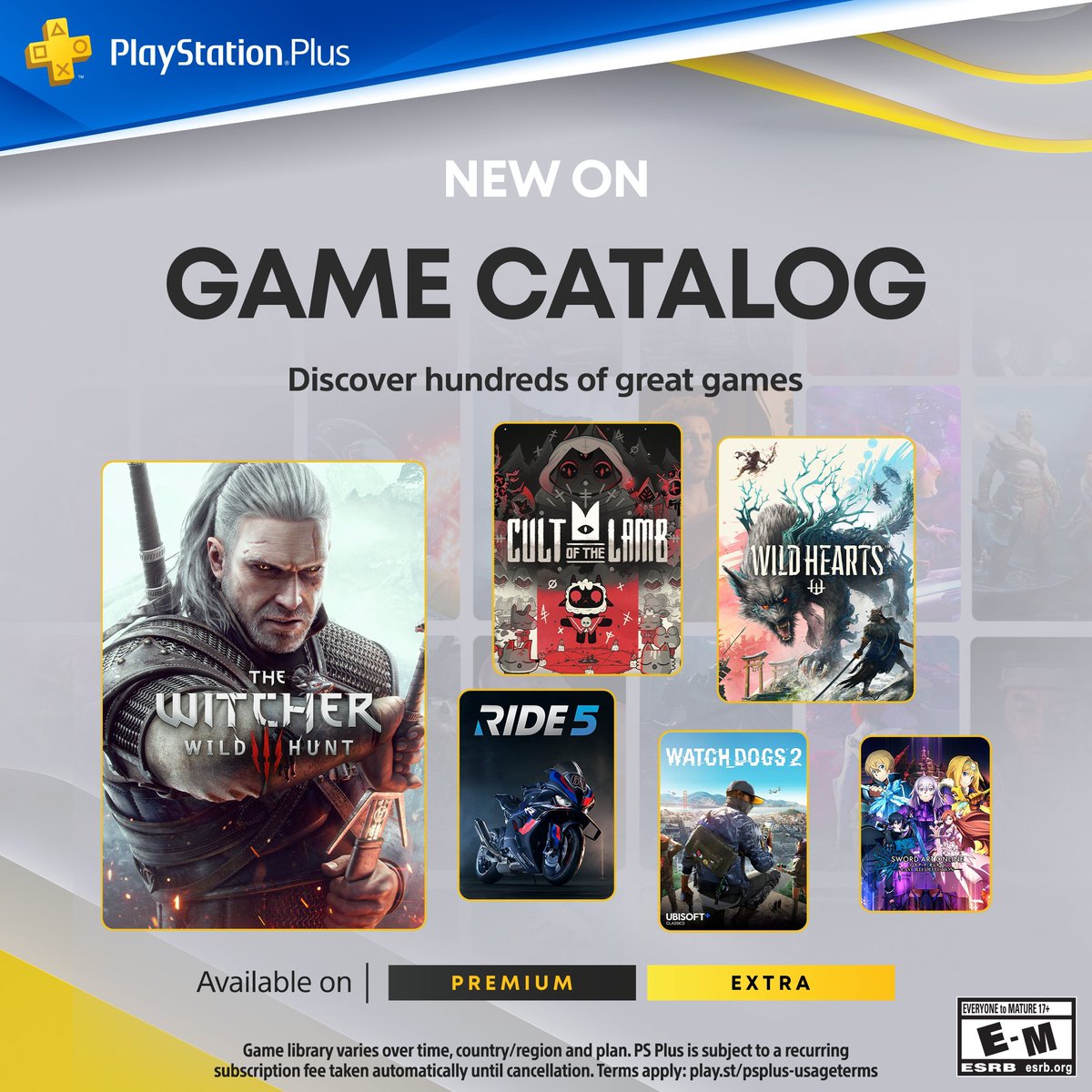 informando__'s tweet photo. Jogos chegando na PS Plus Premium &amp; Extra:

- The Witcher 3: Wild Hunt.
- Wild Hearts.
- Cult of the Lamb.
- Ride 5.
- Watch Dogs 2 https://t.co/raGLOZ77Jy