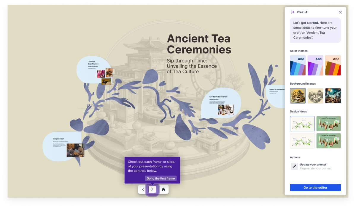 prezi's tweet image. We&apos;re excited to announce some fantastic upgrades 🎊

Our enhanced AI now offers:
🔥 A more detailed preview during presentation generation
🔥 Simplified prompt editing and updates
🔥 Enhanced customization options

Get started: prez.is/preziAI/

#AItools #presentationtool