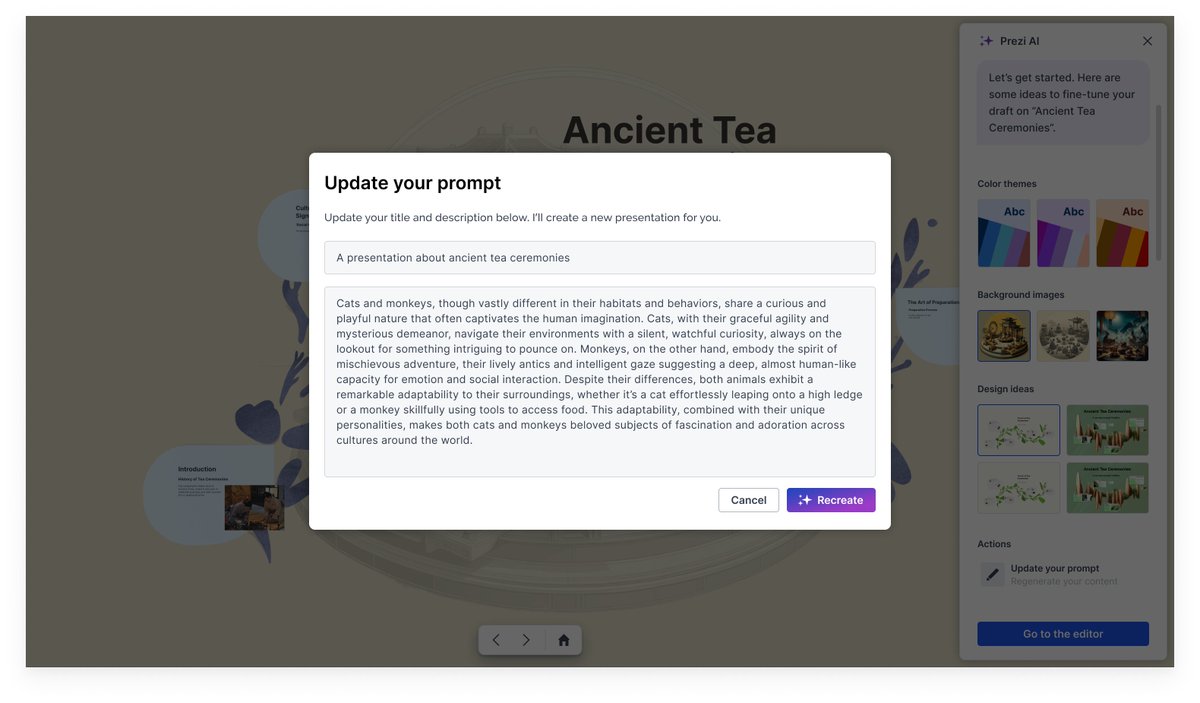 prezi's tweet image. We&apos;re excited to announce some fantastic upgrades 🎊

Our enhanced AI now offers:
🔥 A more detailed preview during presentation generation
🔥 Simplified prompt editing and updates
🔥 Enhanced customization options

Get started: prez.is/preziAI/

#AItools #presentationtool