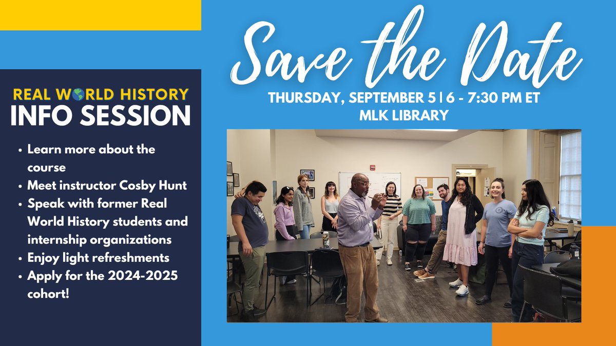 InspireTeach's tweet image. Join Inspired Teaching on Thursday, September 5 to learn about all things Real World History with instructor Cosby Hunt, and apply for the 2024-2025 cohort! Light refreshments will be provided.

RSVP here: inspiredteaching.org/real-world-his…

#DCPS #HighSchoolStudents #HighSchoolTeachers