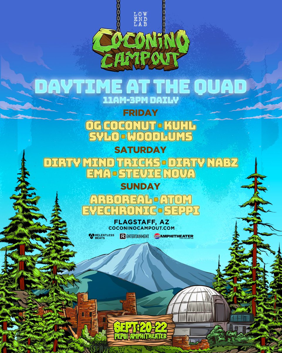 Campers! Pre show vibes are being set by this incredible group of AZ-based talent 11am-3pm daily in the Quad outside of the Amp 🌲☀️ Coconino Campout is coming up fast so be sure to get all your ducks in a row with tickets and camping passes! 🎟️ CoconinoCampout.com