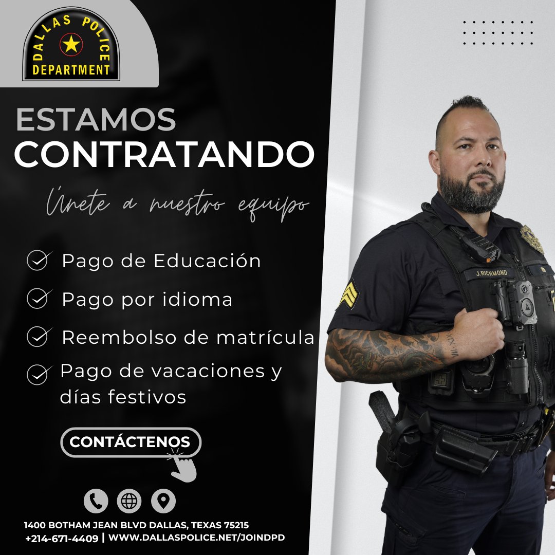 DPD_Espanol's tweet image. ¡Estamos contratando! ¡Únete al Departamento de Policía de Dallas! ¡No pierdas la oportunidad de marcar la diferencia!

Solicítalo en Dallaspolice.net. #Dallas #joinDPD