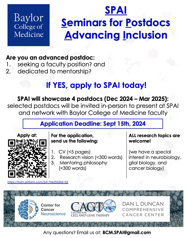 Debo (Debosmita Sardar) (@debo_astrocyte) on Twitter photo Announcing the 2024 SPAI postdoc seminar season <a href="/bcmhouston/">BCMHouston</a>. Happy to share that 2 of our inaugural 2023 SPAI speakers are now #newPI. SPAI's vision is to promote the next generation of future faculty who would also be good mentors! Apply by Sept 15th.
form.jotform.com/241756255206153 Announcing the 2024 SPAI postdoc seminar season <a href="/bcmhouston/">BCMHouston</a>. Happy to share that 2 of our inaugural 2023 SPAI speakers are now #newPI. SPAI's vision is to promote the next generation of future faculty who would also be good mentors! Apply by Sept 15th.
form.jotform.com/241756255206153