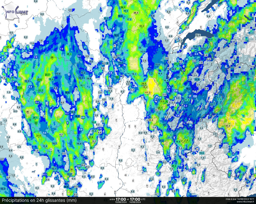 infoclimat's tweet image. Du quart SO (50 à 60 mm sur #Toulouse, 103 mm à Cos en Ariège), de l'Est #MassifCentral jusque dans la #Drome et #Isere (111 mm à Chélieu), de la Bourgogne (80 mm à Chambœuf #CoteDor) à la Lorraine (72 mm à Nonsard #Meuse), les lames d'eau ont été importantes sous les #orages.