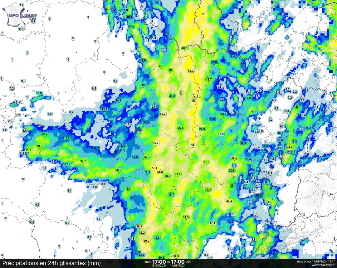 infoclimat's tweet image. Du quart SO (50 à 60 mm sur #Toulouse, 103 mm à Cos en Ariège), de l'Est #MassifCentral jusque dans la #Drome et #Isere (111 mm à Chélieu), de la Bourgogne (80 mm à Chambœuf #CoteDor) à la Lorraine (72 mm à Nonsard #Meuse), les lames d'eau ont été importantes sous les #orages.