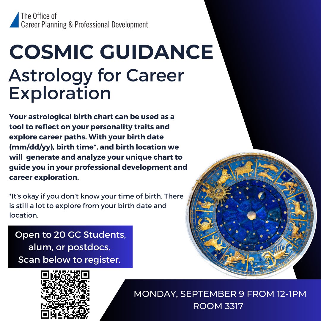 Kick off the semester with us on Monday, September 9th from 12-1pm at this in-person astrology for career exploration workshop! It is open to 20 GC students, alumni, or postdocs so reserve your spot! Refreshments provided. careerplan.commons.gc.cuny.edu/events/cosmic-…