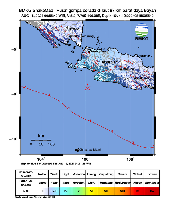 infoBMKG's tweet photo. #Gempa (UPDATE) Mag:5.2, 15-Agu-24 00:55:42 WIB, Lok:7.70 LS, 106.08 BT (Pusat gempa berada di laut 87 km barat daya Bayah), Kedlmn:10 Km Dirasakan (MMI) III Cianjur, III Kabupaten Sukabumi, III Kabupaten Bandung, II Bogor, II Garut #BMKG https://t.co/vvtq0Q12W7