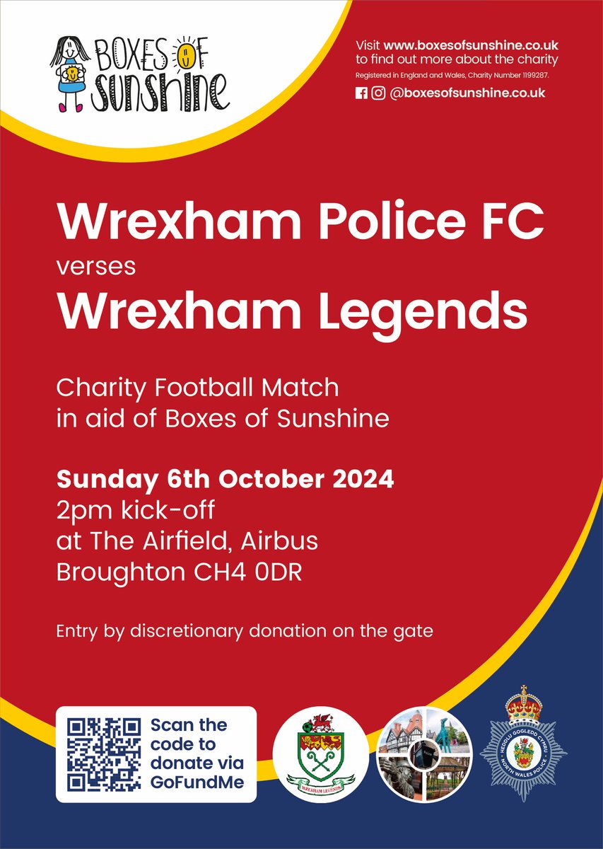 Please share!

We’re raising money for Boxes of Sunshine ☀️ the #Wrexham charity created in memory of Kirsten (14). 

Boxes are sent to kids who have chronic illnesses &amp; disabilities across the UK, in the hope of bringing smiles to their faces.

Donate 👉 gofund.me/5fb891d7