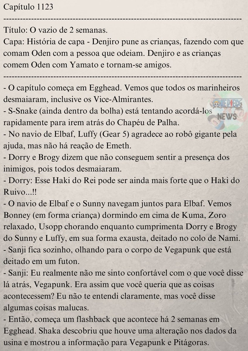 OnePieceNewsASL's tweet photo. #ONEPIECE1123
🚨 Spoilers Completos do Capítulo 1123 de One Piece!

Pra mim esse capítulo foi aquele gostosinho de ler, onde você vê tudo se encaixando e fazendo sentido, sabe?

E vamos para Elbaf!

Obs: São 5 páginas de spoiler, então a 5ª (e última) está nos comentários! https://t.co/E3GiZF0Rrg