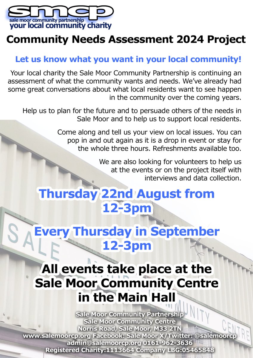 Drop in to our #SaleMoor survey sessions, Thurs 22nd Aug 12-3pm and then all through September. Tell us your concerns and the local issues that can be improved.

It's a drop in so as long or short a time as you want to stay. Refreshments on hand and a warm welcome too!