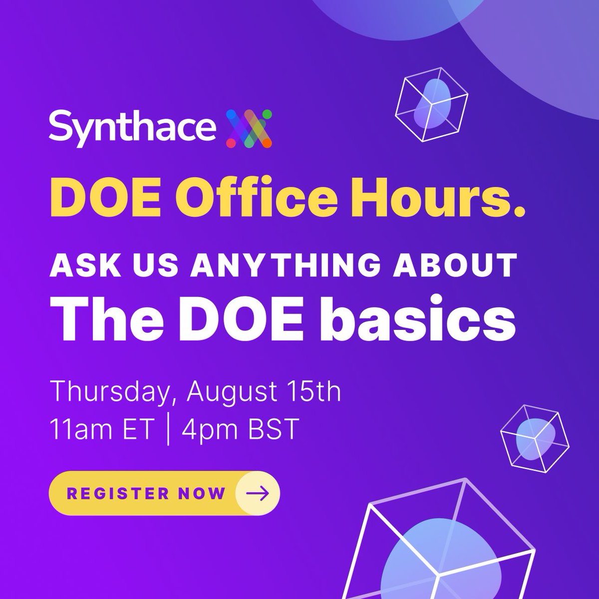 synthace's tweet image. Have you saved your seat yet?    

Our latest webinar series, DOE Office Hours, kicks off tomorrow!  

Got a specific question? Submit it when you register!  

synthace.com/resources/webi…

#DesignOfExperiments #DOE #DOEforBiology #LifeSciences