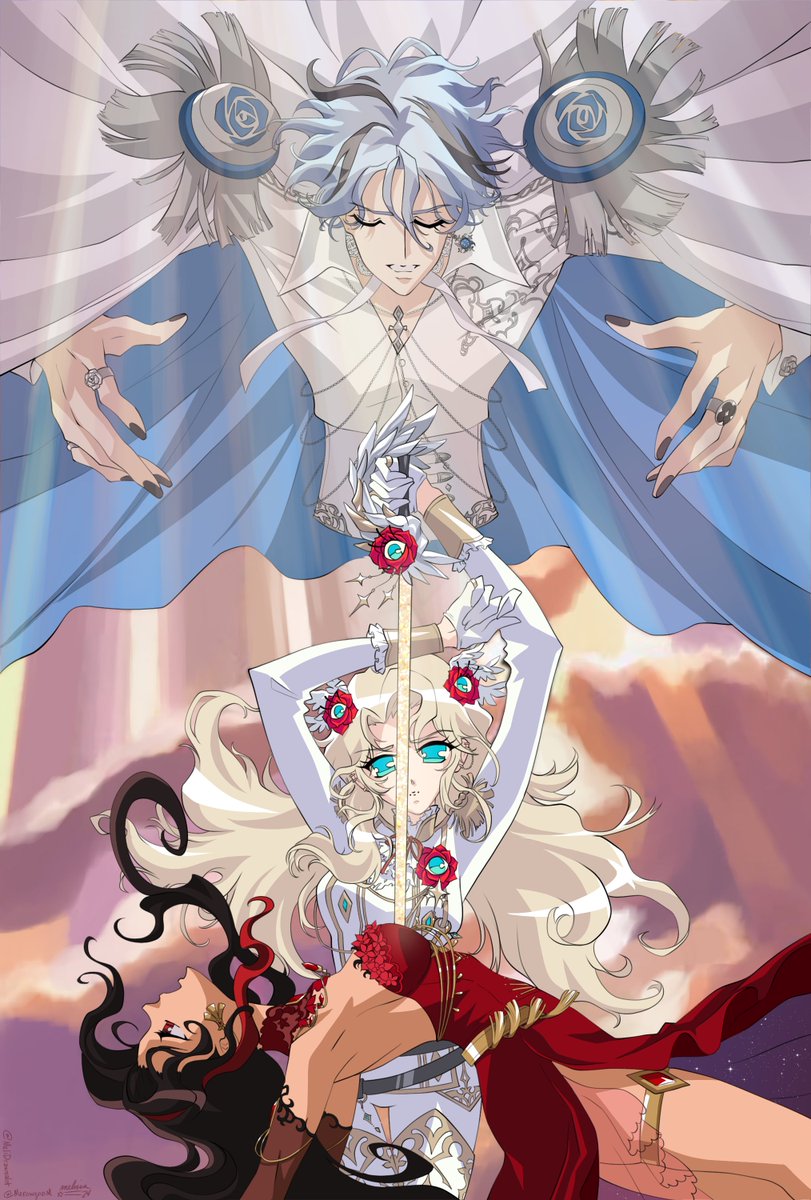 MeliDrawsalot's tweet photo. Based on official promo art for Utena. I had wanted to do Scarle and Aia like this for a while, and when I saw Hex's new outfit would work for it, I knew I had to do it. 3 emo besties in an epic scene 🖤🤍♥️
#Hexhibition #ScarleArt #AmareAtelier https://t.co/JFTBE44d8n