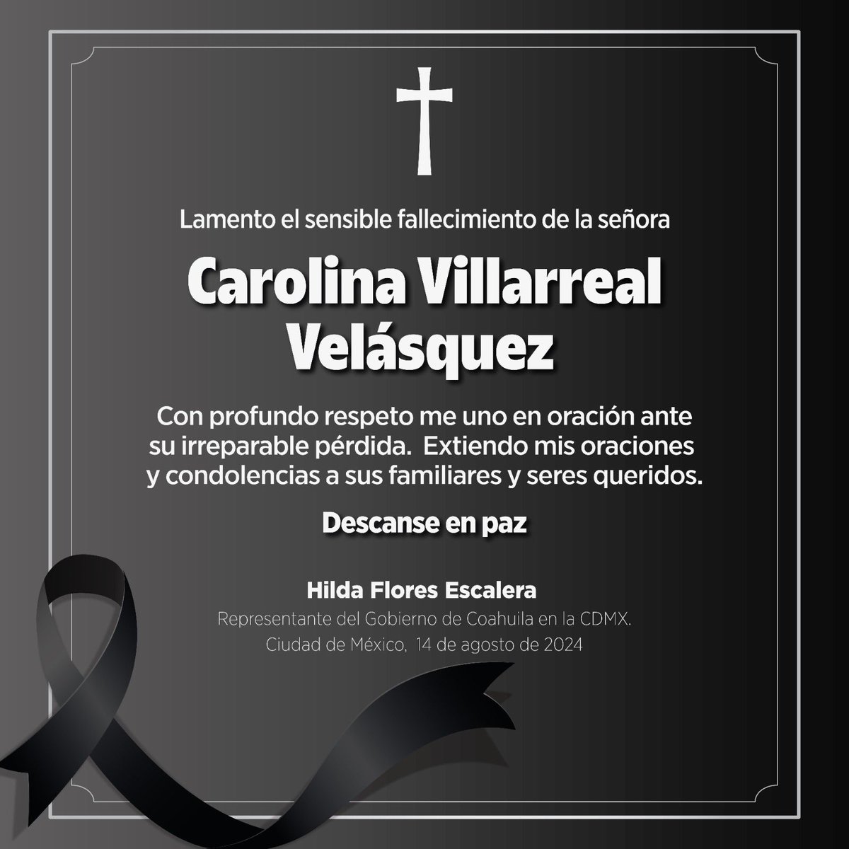 Lamento el fallecimiento de la señora Carolina Villarreal Velásquez.

Me uno a la pena que embarga a sus familiares y amigos. Descanse en paz. 🙏🏼🕊️