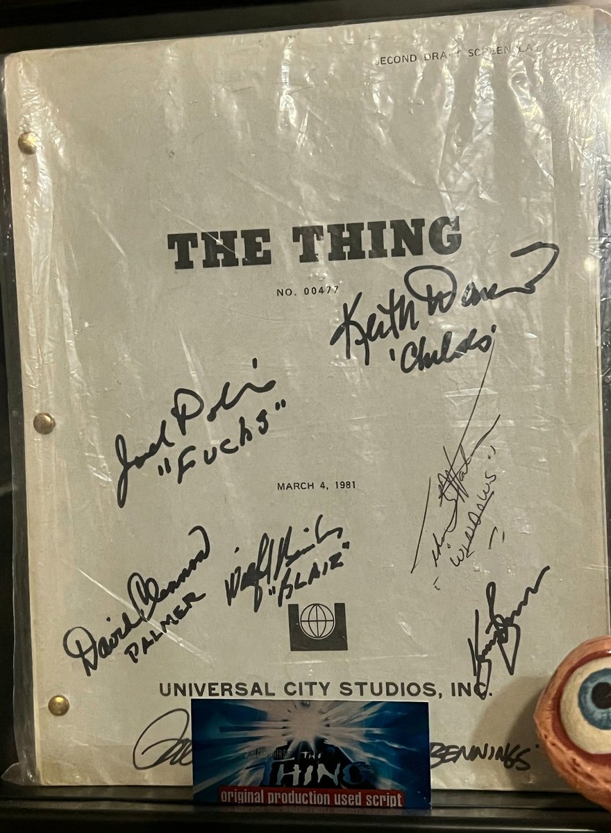 OneMovieProp's tweet photo. From our vault is a production used script from John Carpenter’s masterpiece “The Thing”.

This screenplay was signed by:

Kurt Russell (who signed it for us at an event in Pennsylvania)
Keith David
Wilford Brimley 
Joel Polis
David Clennon 
Peter Maloney 
Thomas Waites

#horror https://t.co/xa1fcgEX7h