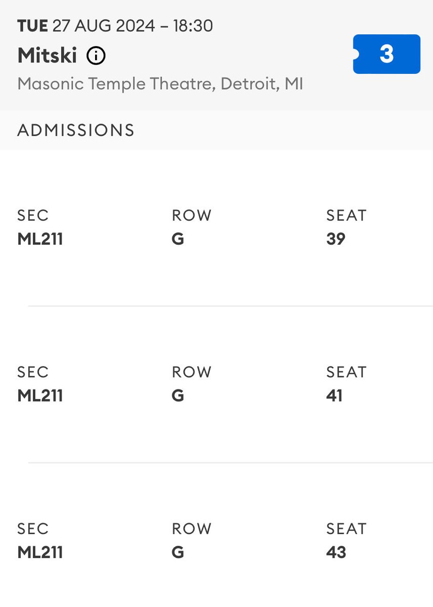 NettyIsSwetty's tweet photo. Selling 3 tickets together to #MitskiandLamp in Detroit, MI Masonic Temple Theatre 
I’m selling them the same price I got it $150 each 
DM ME FOR DETAILS https://t.co/Myl88mVfDI